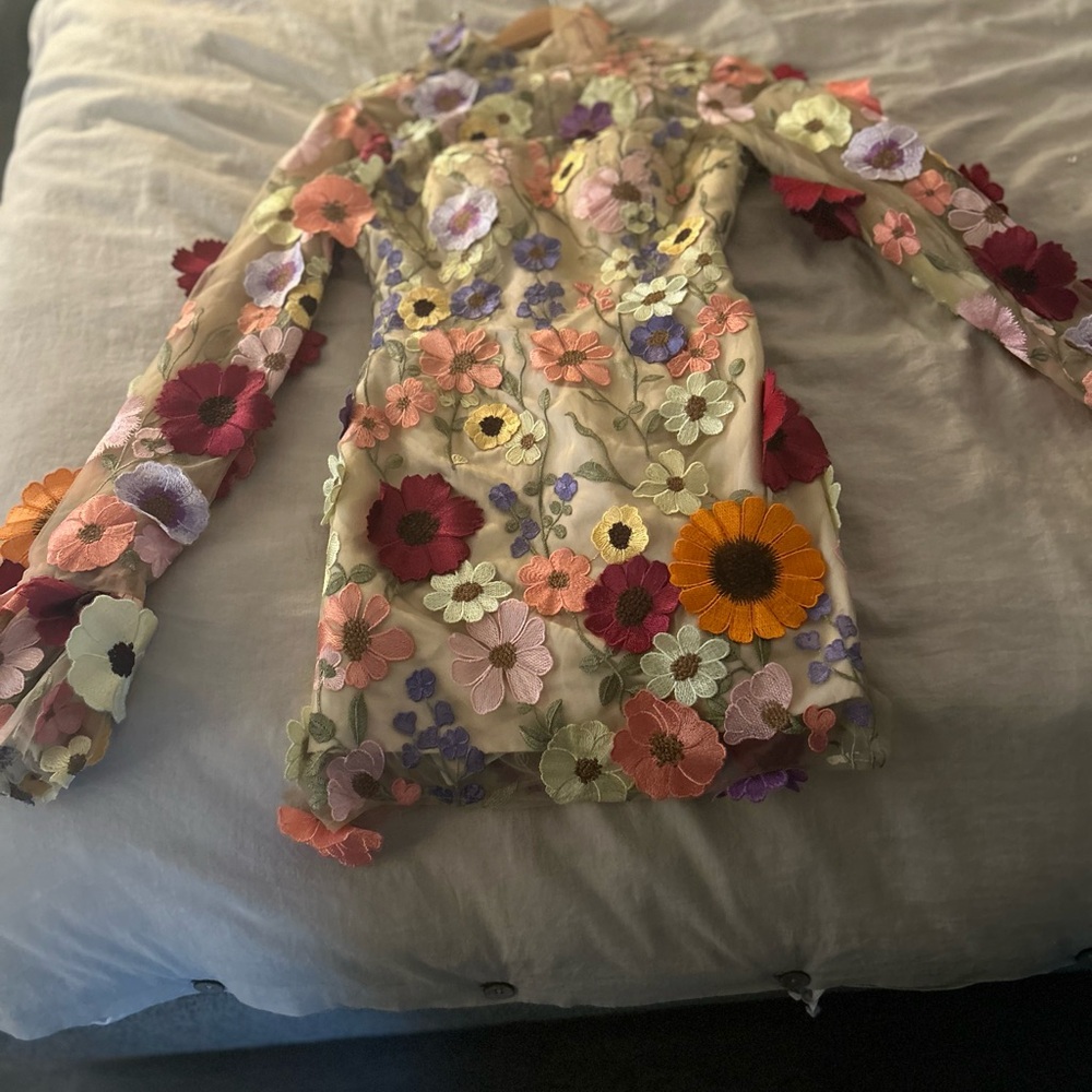 Floral Appliqué Sheer Dress in Nude with Flowers like Oscar de La Renta